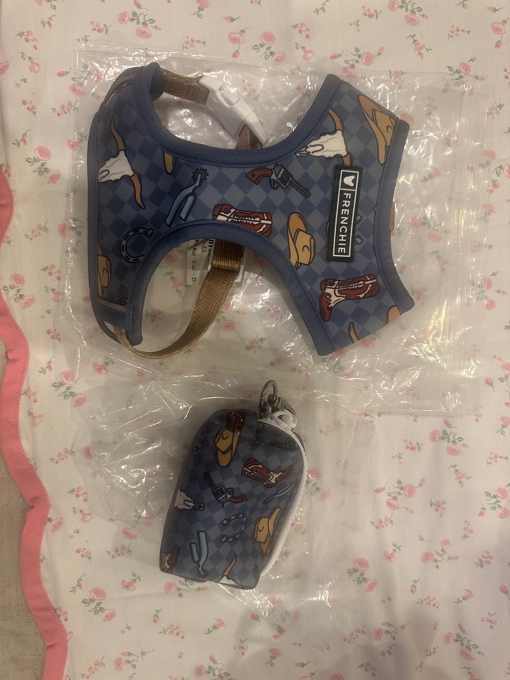FRENCHIE  XS Blue Western Print Dog Harness and Waste Bag Holder